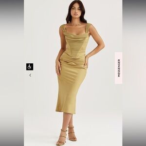 House of CB Natalya OLIVE SATIN CORSET MIDI DRESS